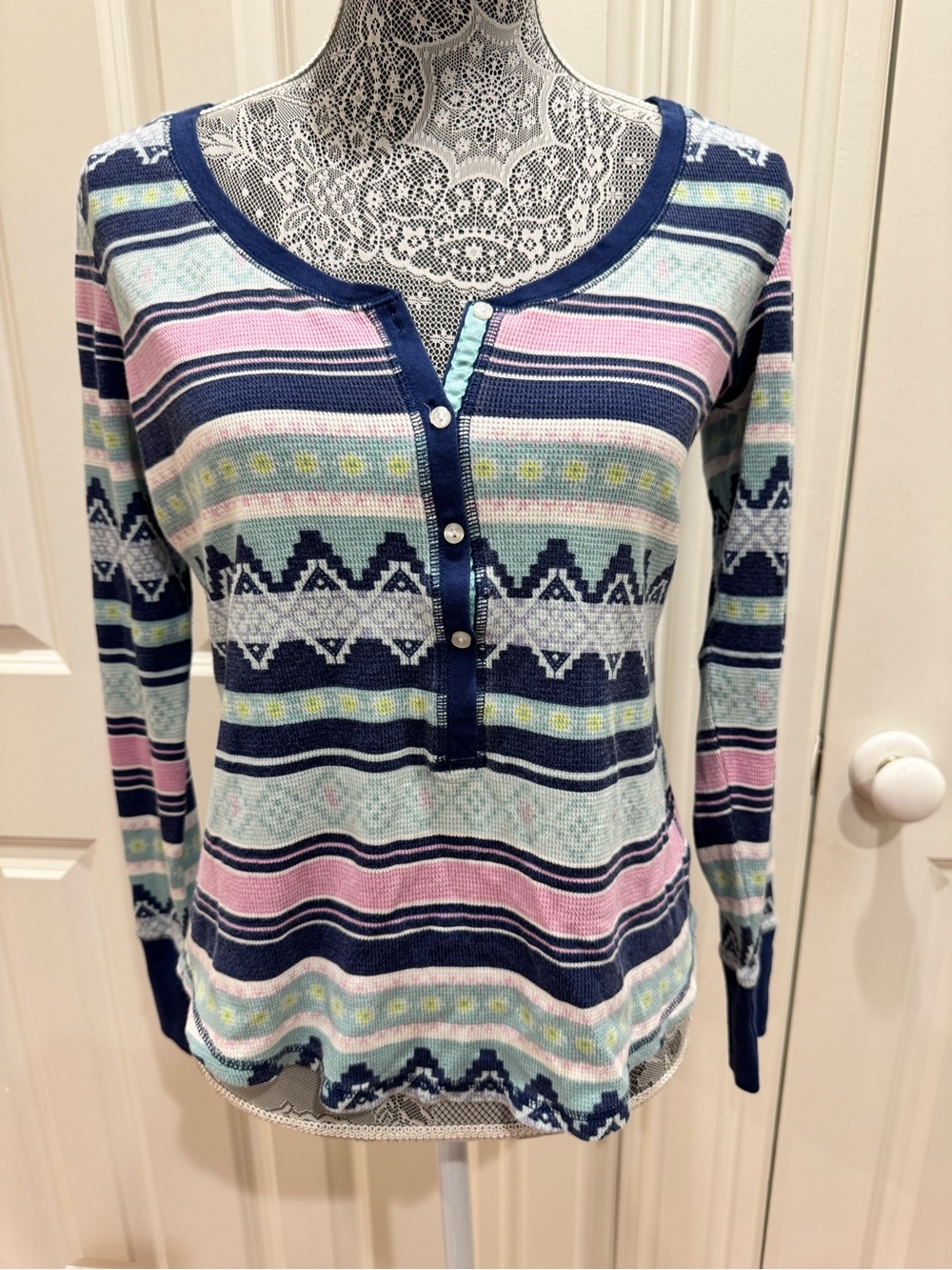 Victoria's Secret Striped Henley Thermal Long Sleeve Sz. M Cottagecore